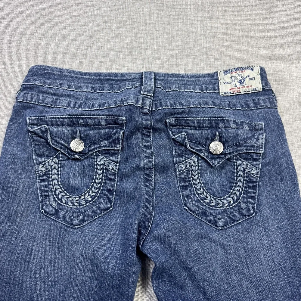 True Religion Jeans Mens 32x34 Skinny Blue Medium Wash Distressed Pockets